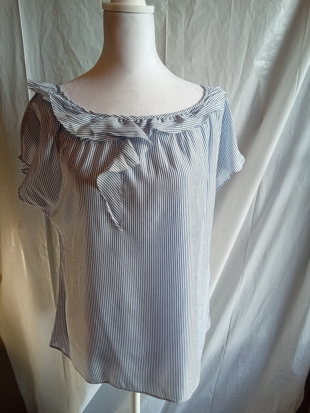 Banana Republic Blue and White Striped Ruffle Neck Blouse